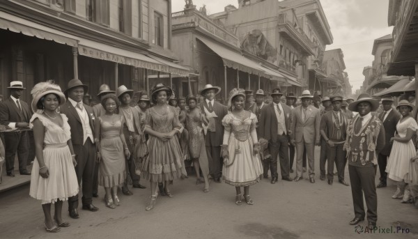 long hair,breasts,looking at viewer,smile,short hair,multiple girls,shirt,long sleeves,hat,dress,jewelry,standing,jacket,monochrome,short sleeves,greyscale,outdoors,multiple boys,necktie,shoes,glasses,sleeveless,puffy sleeves,pants,dark skin,necklace,white dress,vest,dark-skinned female,facial hair,6+girls,formal,sandals,suit,building,6+boys,sun hat,city,long dress,straw hat,crowd,bow,bowtie,bag,mask,sunglasses,handbag,mouth mask,road,street,fedora