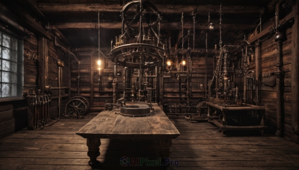 indoors,book,no humans,window,chair,table,sunlight,scenery,wooden floor,stairs,fantasy,bookshelf,light,lamp,candle,barrel,candlestand,chandelier,wooden table,wooden chair,fire,fireplace