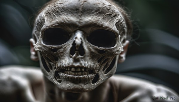 solo,1boy,male focus,teeth,blurry,mask,blurry background,clenched teeth,portrait,skull,realistic,skeleton,black eyes,depth of field,horror (theme)