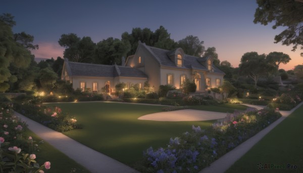 A striking sunset outdoors featuring the elegance of a garden
