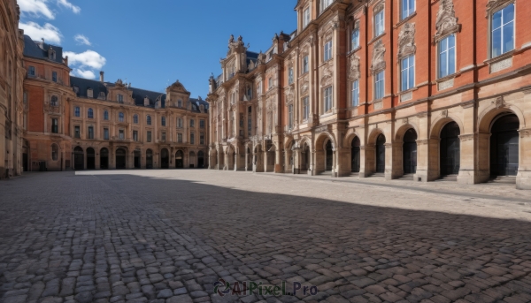 outdoors,sky,day,cloud,blue sky,no humans,window,shadow,building,scenery,stairs,door,road,architecture,street,arch,pavement,cloudy sky,city,cityscape,church