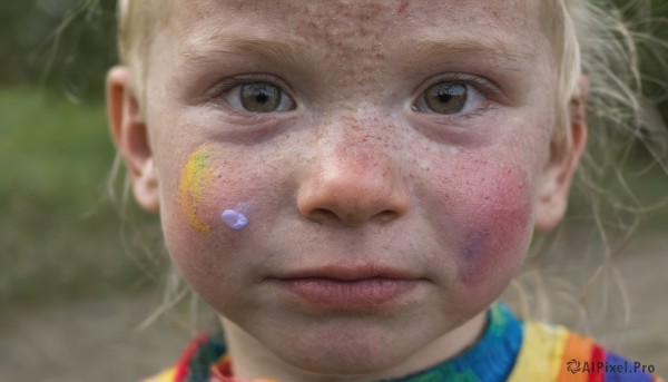 1girl,solo,looking at viewer,blonde hair,1boy,brown eyes,closed mouth,male focus,tears,blurry,lips,depth of field,blurry background,crying,portrait,close-up,freckles,realistic,dirty,dirty face,clown,nose