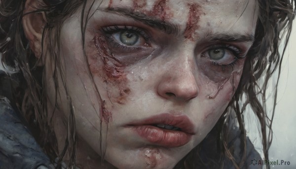 1girl,solo,long hair,looking at viewer,brown hair,green eyes,parted lips,teeth,tears,lips,grey eyes,eyelashes,blood,scar,crying,portrait,close-up,crying with eyes open,injury,blood on face,realistic,nose,bangs,brown eyes,wet,messy hair,freckles,wet hair