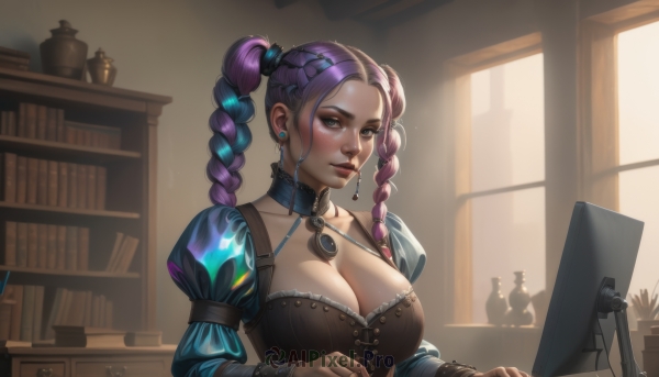 1girl,solo,long hair,breasts,large breasts,hair ornament,long sleeves,cleavage,twintails,jewelry,collarbone,upper body,purple hair,braid,multicolored hair,earrings,choker,puffy sleeves,artist name,indoors,necklace,twin braids,two-tone hair,lips,book,window,makeup,cat,lipstick,juliet sleeves,eyeshadow,nose,bookshelf,k/da (league of legends),looking at viewer,brown eyes,sitting,closed mouth,signature,mole,collar,puffy short sleeves,chair,piercing,sunlight,corset,backlighting,realistic,eyeliner,mascara