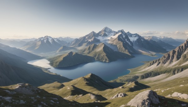 outdoors,sky,day,cloud,water,blue sky,no humans,grass,nature,scenery,rock,mountain,river,landscape,mountainous horizon,lake,tree