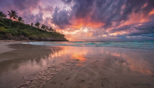 outdoors, sky, cloud, water, tree, dutch angle, no humans, ocean, beach, cloudy sky, scenery, reflection, sunset, sand, palm tree, horizon, shore