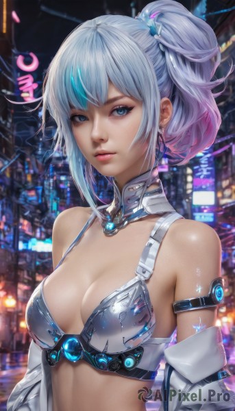 1girl,solo,breasts,looking at viewer,short hair,bangs,blue eyes,hair ornament,cleavage,bare shoulders,jewelry,medium breasts,underwear,blue hair,jacket,swimsuit,upper body,ponytail,sidelocks,bikini,multicolored hair,earrings,parted lips,open clothes,shiny,artist name,off shoulder,bra,blurry,side ponytail,two-tone hair,lips,streaked hair,makeup,blurry background,armlet,science fiction,city,realistic,nose,city lights,cyberpunk,navel,closed mouth,pink hair,grey hair,small breasts,outdoors,detached sleeves,signature,armor,eyelashes,gradient hair,detached collar,night,arm strap,bikini armor,neon lights