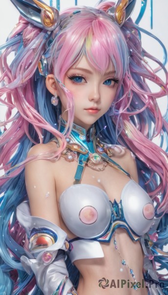 1girl,solo,long hair,breasts,looking at viewer,bangs,blue eyes,simple background,hair ornament,white background,navel,cleavage,bare shoulders,jewelry,medium breasts,closed mouth,nipples,blue hair,upper body,pink hair,multicolored hair,earrings,small breasts,detached sleeves,midriff,shiny,covered nipples,two-tone hair,lips,see-through,eyelashes,gradient hair,makeup,piercing,realistic,navel piercing,detached collar,gem