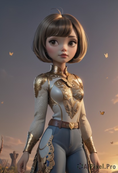 1girl,solo,breasts,looking at viewer,short hair,bangs,brown hair,shirt,long sleeves,brown eyes,closed mouth,standing,ahoge,cowboy shot,small breasts,outdoors,sky,belt,pants,artist name,cloud,armor,lips,looking to the side,makeup,looking away,bob cut,bug,denim,lipstick,butterfly,backlighting,sunset,nose,arms at sides,sun,blue pants,red lips,brown belt,looking afar,twilight,chainmail,antenna hair,jeans,gold