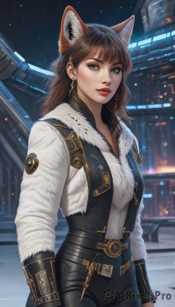 1girl,solo,long hair,looking at viewer,bangs,brown hair,gloves,long sleeves,animal ears,brown eyes,jewelry,jacket,tail,cowboy shot,earrings,outdoors,parted lips,belt,pants,cat ears,blurry,lips,grey eyes,fur trim,makeup,night,blurry background,black pants,lipstick,science fiction,hoop earrings,realistic,nose,red lips,breasts,shirt,medium breasts,standing,weapon,open clothes,sky,black gloves,artist name,signature,vest,open jacket,wolf ears,extra ears,buckle,cropped jacket,city