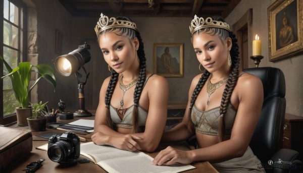 long hair,breasts,looking at viewer,smile,multiple girls,black hair,2girls,cleavage,bare shoulders,brown eyes,jewelry,sitting,braid,earrings,small breasts,artist name,indoors,necklace,twin braids,lips,book,window,siblings,chair,table,tiara,crown,plant,sisters,desk,twins,paper,realistic,camera,pen,lamp,candle,tube top,photo (object),quill,inkwell,brown hair,medium breasts,signature,hair over shoulder,pendant,freckles,hoop earrings,potted plant,candlestand