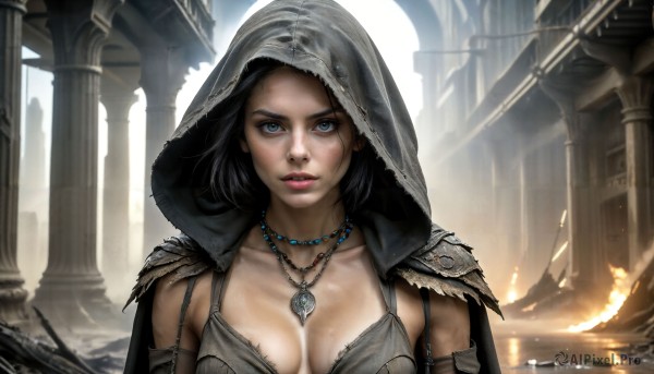 HQ,1girl,solo,breasts,looking at viewer,short hair,blue eyes,large breasts,black hair,cleavage,jewelry,medium breasts,collarbone,upper body,parted lips,artist name,hood,necklace,cape,armor,lips,fire,shoulder armor,cloak,pendant,hood up,realistic,nose,ruins,hooded cloak,dirty,pillar,outdoors,teeth,day,signature,torn clothes,wide-eyed