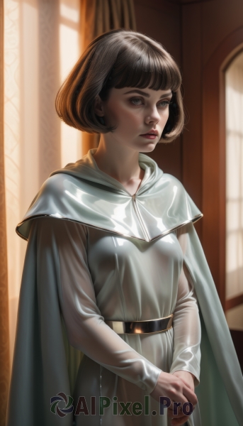 1girl,solo,breasts,looking at viewer,short hair,bangs,brown hair,black hair,long sleeves,dress,standing,small breasts,parted lips,belt,artist name,indoors,cape,white dress,lips,grey eyes,window,sunlight,bob cut,own hands together,realistic,nose,red lips,grey dress,white cape,medium breasts,closed mouth,blunt bangs,see-through,looking to the side,makeup,expressionless,cloak,backlighting