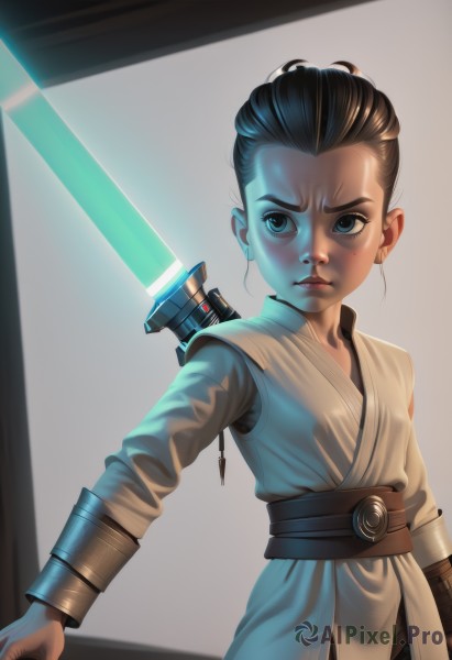 1girl,solo,short hair,blue eyes,brown hair,black hair,closed mouth,weapon,belt,sword,black eyes,lips,glowing,aged down,child,forehead,genderswap (mtf),robe,nose,vambraces,bracer,animification,energy sword,tunic,lightsaber,upper body,mole,freckles,science fiction,realistic,glowing weapon