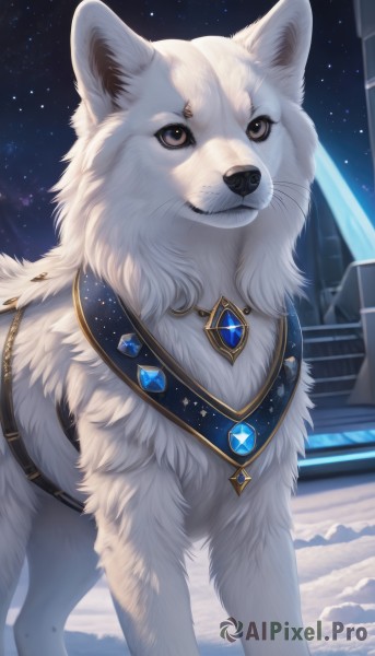 solo,brown eyes,jewelry,closed mouth,outdoors,sky,artist name,signature,star (symbol),no humans,night,animal,brooch,gem,star (sky),night sky,snow,starry sky,dog,stairs,animal focus,white fur,blue gemstone,red gemstone,fluffy,looking at viewer,standing,necklace,crystal,realistic