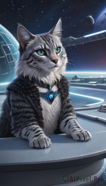 solo,blue eyes,jewelry,sky,signature,necklace,no humans,animal,cat,brooch,gem,star (sky),pendant,starry sky,space,animal focus,planet,whiskers,earth (planet),spacecraft,looking at viewer,aqua eyes,night,slit pupils,realistic