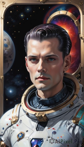 solo,looking at viewer,short hair,blue eyes,black hair,1boy,closed mouth,upper body,male focus,star (symbol),lips,portrait,star (sky),science fiction,realistic,nose,space,planet,earth (planet),spacesuit,astronaut,expressionless,serious,starry background