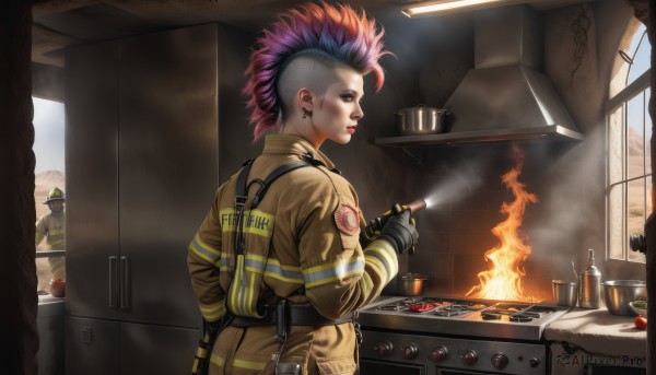 1girl,looking at viewer,short hair,gloves,long sleeves,1boy,hat,holding,brown eyes,jewelry,standing,jacket,weapon,pink hair,purple hair,red hair,multicolored hair,earrings,food,multiple boys,solo focus,day,black gloves,belt,looking back,indoors,fingerless gloves,from behind,uniform,from side,two-tone hair,cup,lips,looking to the side,military,window,military uniform,profile,makeup,fruit,piercing,bottle,fire,knife,lipstick,ear piercing,steam,clothes writing,smoke,pouch,cigarette,mug,realistic,nose,smoking,red lips,holding knife,undercut,cooking,explosive,jumpsuit,kitchen,holding cigarette,gas mask,frying pan,mohawk,kettle,stove,bulletproof vest,tattoo,mask,spiked hair,goggles,baseball cap,asymmetrical hair,stud earrings,very short hair,grenade,sink,counter,nose piercing,refrigerator,eyebrow piercing