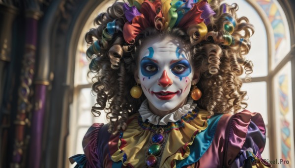 A striking window featuring the elegance of a clown