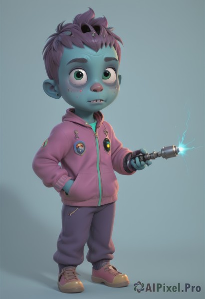 solo,looking at viewer,simple background,1boy,holding,jewelry,green eyes,standing,jacket,full body,weapon,purple hair,male focus,earrings,shoes,teeth,pants,artist name,hood,holding weapon,gun,colored skin,sharp teeth,child,holding gun,freckles,hand in pocket,blue skin,electricity,stud earrings,pink jacket,male child,green skin,short hair,pink hair,hoodie,thick eyebrows,sneakers,zipper,monster boy,pink hoodie