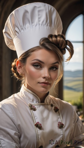 1girl,solo,looking at viewer,smile,blonde hair,brown hair,hat,jewelry,closed mouth,upper body,earrings,indoors,hair bun,blurry,lips,grey eyes,window,buttons,blurry background,white headwear,single hair bun,freckles,realistic,nose,chef hat,chef,mole on cheek,gloves,brown eyes,parted lips,uniform