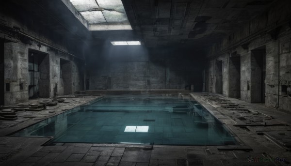 indoors,water,no humans,window,sunlight,scenery,reflection,science fiction,stairs,door,tiles,cable,tile floor,ruins,ceiling,hallway,ceiling light,light rays,light,industrial pipe,train station