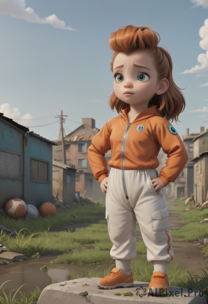 1girl,solo,long hair,blue eyes,brown hair,long sleeves,closed mouth,green eyes,standing,jacket,full body,outdoors,sky,shoes,day,pants,cloud,hood,blue sky,grass,building,sneakers,child,ball,zipper,hands on hips,white pants,hands in pockets,female child,house,orange jacket,orange footwear,soccer ball,orange hair,lips,rock,realistic,nose