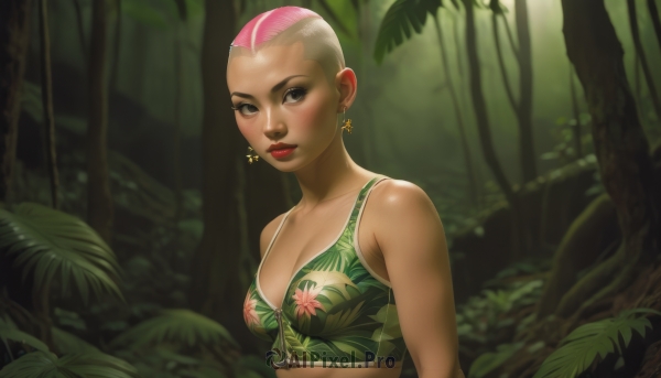 1girl,solo,breasts,looking at viewer,blush,short hair,cleavage,jewelry,medium breasts,swimsuit,upper body,pink hair,bikini,multicolored hair,earrings,dark skin,two-tone hair,dark-skinned female,tree,lips,grey eyes,makeup,plant,lipstick,tan,nature,eyeshadow,forest,nose,red lips,very short hair,brown eyes,leaf,mohawk