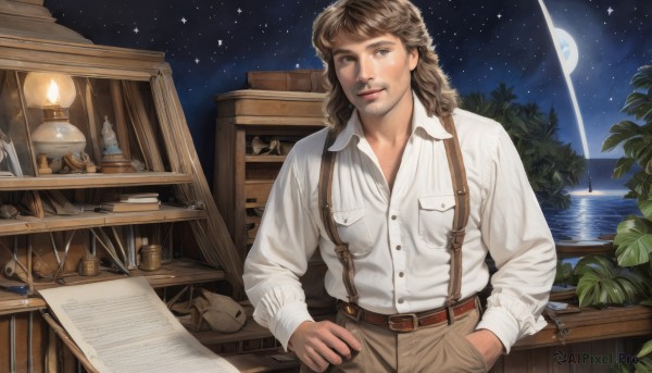 solo,long hair,looking at viewer,smile,brown hair,shirt,long sleeves,1boy,brown eyes,sitting,white shirt,male focus,sky,collared shirt,belt,pants,indoors,water,lips,book,window,dress shirt,night,facial hair,moon,suspenders,bottle,plant,star (sky),night sky,beard,full moon,starry sky,pocket,hand in pocket,paper,realistic,brown belt,lamp,candle,brown pants,closed mouth,standing,outdoors,medium hair,tree,ocean,leaf,table,buckle,lantern,hands in pockets,stubble,watercraft,crescent moon,boat,quill