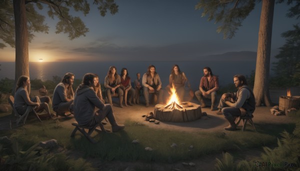 long hair,smile,short hair,brown hair,black hair,sitting,jacket,male focus,outdoors,food,multiple boys,sky,pants,hood,water,looking at another,tree,hoodie,night,facial hair,ocean,chair,grass,fire,nature,scenery,beard,6+boys,topless male,sunset,horizon,cooking,twilight,lake,sunrise,log,tent,campfire,wood,multiple girls,glasses,beach,night sky,rock,fireworks