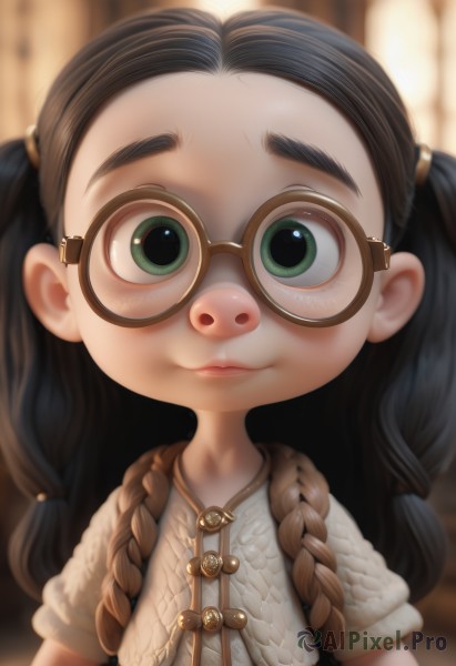 1girl,solo,long hair,looking at viewer,smile,bangs,shirt,black hair,twintails,closed mouth,green eyes,white shirt,upper body,short sleeves,glasses,blurry,lips,depth of field,blurry background,thick eyebrows,child,forehead,freckles,hair tie,round eyewear,female child,brown-framed eyewear,brown hair,dress,jewelry,braid,artist name,signature,twin braids,backlighting,realistic,nose,yellow-framed eyewear