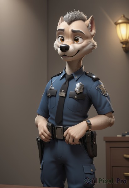 solo,smile,shirt,1boy,animal ears,brown eyes,standing,weapon,short sleeves,grey hair,male focus,cowboy shot,necktie,collared shirt,belt,pants,indoors,uniform,gun,blue shirt,black necktie,furry,handgun,pocket,hands on hips,watch,black belt,wristwatch,lamp,holster,furry male,badge,police,police uniform,policewoman,dog boy,holstered weapon,desk lamp,open mouth,shorts,teeth,artist name,blurry,watermark,thick eyebrows,web address,blue necktie,blue pants,light bulb,grey fur