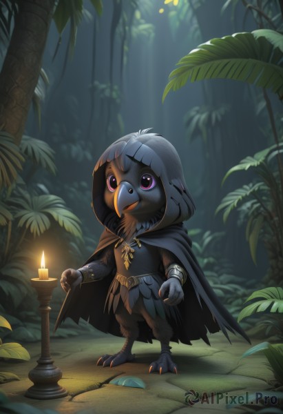 solo,1boy,holding,jewelry,standing,purple eyes,full body,male focus,outdoors,belt,artist name,hood,pink eyes,necklace,cape,blurry,bracelet,tree,no humans,blurry background,bird,leaf,fire,feathers,plant,nature,cloak,claws,furry,hood up,forest,candle,hooded cloak,owl,talons,beak,candlelight,looking at viewer,open mouth,grey hair,animal focus,black cloak,brown cloak