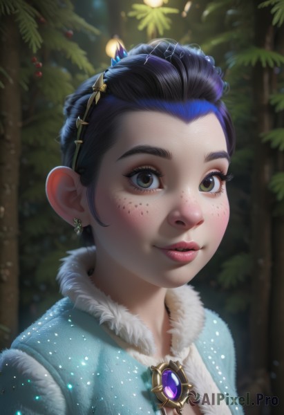 1girl,solo,looking at viewer,smile,short hair,black hair,hair ornament,dress,brown eyes,jewelry,green eyes,blue hair,upper body,multicolored hair,earrings,parted lips,artist name,blurry,tree,lips,fur trim,eyelashes,makeup,blurry background,blue dress,tiara,lipstick,brooch,gem,portrait,christmas,web address,eyeshadow,freckles,realistic,nose,red lips,christmas tree,fur-trimmed dress,mascara,blush,hair bun,watermark,single hair bun