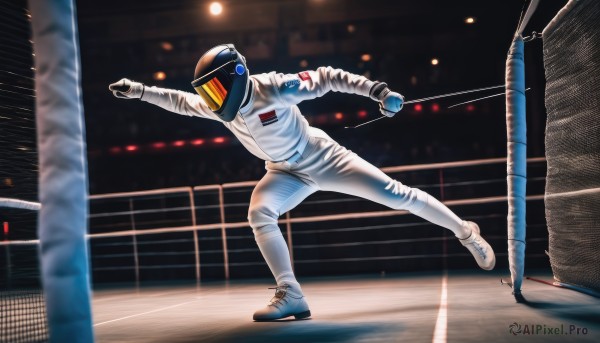 solo,gloves,1boy,full body,male focus,shoes,pants,blurry,helmet,sneakers,1other,white pants,ambiguous gender,spacesuit,lights,astronaut,white footwear,science fiction,jumping,realistic,american flag