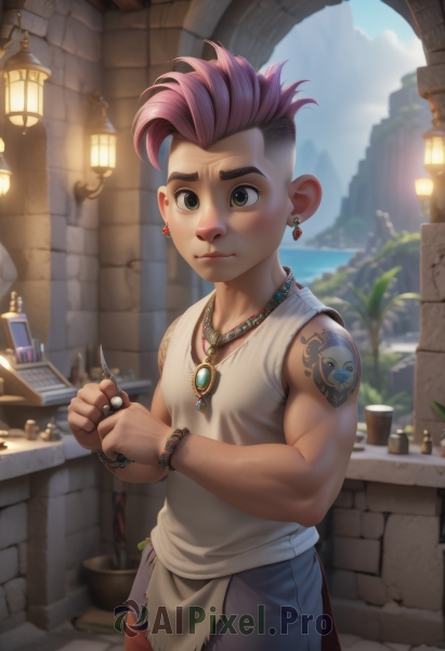 solo,looking at viewer,short hair,shirt,1boy,brown eyes,jewelry,closed mouth,standing,pink hair,male focus,multicolored hair,cowboy shot,earrings,outdoors,shorts,sleeveless,day,necklace,bracelet,two-tone hair,torn clothes,tattoo,piercing,ring,tank top,bottle,plant,denim,child,watch,wristwatch,potted plant,arm tattoo,male child,shoulder tattoo,undercut,green eyes,sky,artist name,tree,muscular,scar,aged down,lantern,lamp,very short hair,mohawk