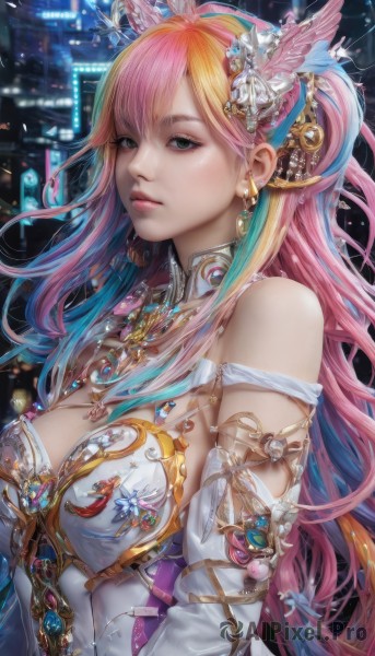 1girl,solo,long hair,breasts,looking at viewer,bangs,large breasts,hair ornament,dress,cleavage,bare shoulders,jewelry,medium breasts,closed mouth,green eyes,upper body,pink hair,multicolored hair,earrings,detached sleeves,necklace,two-tone hair,lips,grey eyes,gradient hair,detached collar,feathers,gem,realistic,feather hair ornament,blue hair,orange hair,makeup,watermark,armlet,nose