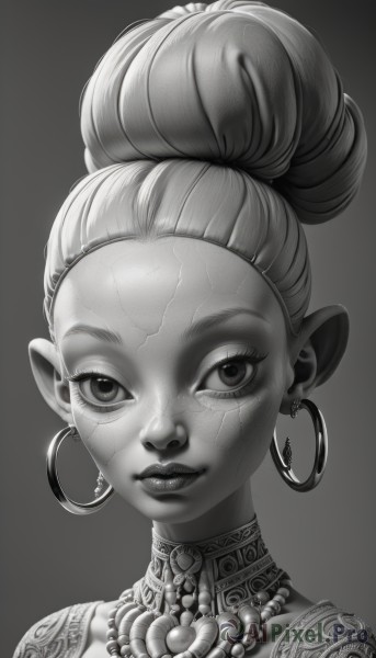 1girl,solo,looking at viewer,simple background,jewelry,closed mouth,monochrome,greyscale,earrings,pointy ears,grey background,necklace,hair bun,lips,eyelashes,single hair bun,portrait,hoop earrings,realistic,nose,hair pulled back,alien,updo,smile,tattoo,pearl necklace