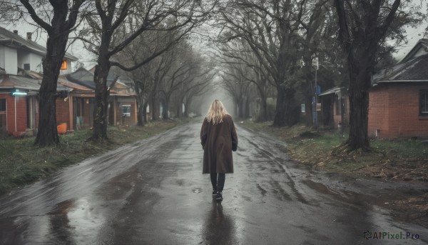 1girl,solo,long hair,blonde hair,brown hair,long sleeves,standing,boots,outdoors,shoes,day,pants,from behind,tree,coat,window,black pants,grass,building,scenery,walking,black coat,facing away,road,house,brown coat,bare tree,street,1boy,reflection,sign,road sign,puddle,path