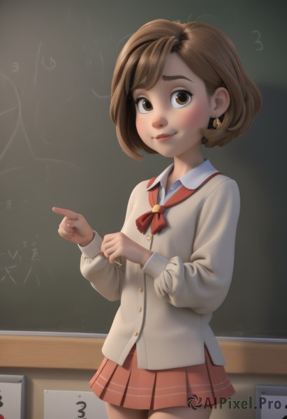 1girl,solo,looking at viewer,blush,smile,short hair,bangs,skirt,brown hair,shirt,long sleeves,brown eyes,jewelry,closed mouth,school uniform,standing,white shirt,cowboy shot,pleated skirt,earrings,artist name,indoors,red ribbon,lips,buttons,red skirt,cardigan,pointing,chalkboard,grey cardigan,chalk,watermark,nose