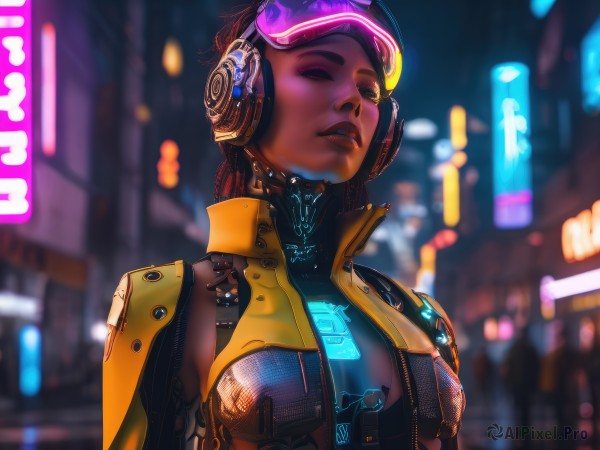 1girl,solo,long hair,breasts,brown hair,medium breasts,closed eyes,upper body,parted lips,dark skin,blurry,dark-skinned female,lips,bodysuit,makeup,blurry background,headphones,goggles,eyeshadow,science fiction,city,nose,cyborg,very dark skin,cyberpunk,dreadlocks,neon lights,short hair,jacket,outdoors,open clothes,vest,open jacket,official alternate costume,night,goggles on head,high collar