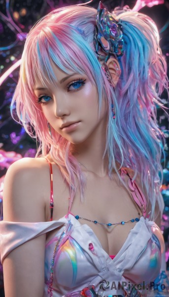 1girl,solo,long hair,breasts,looking at viewer,bangs,blue eyes,hair ornament,gloves,dress,cleavage,bare shoulders,jewelry,medium breasts,closed mouth,underwear,blue hair,collarbone,upper body,pink hair,multicolored hair,earrings,artist name,white gloves,necklace,bra,blurry,two-tone hair,lips,see-through,eyelashes,makeup,one side up,piercing,ring,strap slip,pink lips,realistic,nose,mascara,swimsuit,gradient hair,watermark,gem,ear piercing