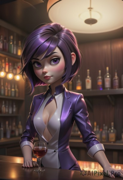 1girl,solo,breasts,looking at viewer,blush,short hair,bangs,shirt,long sleeves,cleavage,medium breasts,closed mouth,purple eyes,jacket,white shirt,upper body,purple hair,small breasts,open clothes,shiny,artist name,indoors,nail polish,blurry,shiny hair,open jacket,cup,lips,clothing cutout,makeup,blurry background,swept bangs,formal,cleavage cutout,bottle,lipstick,web address,alcohol,drinking glass,nose,center opening,red lips,glass,wine glass,purple jacket,wine,wine bottle,bar (place),counter,signature,fingernails,freckles,bartender