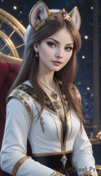 1girl,solo,long hair,breasts,looking at viewer,brown hair,shirt,gloves,long sleeves,dress,animal ears,cleavage,brown eyes,jewelry,medium breasts,sitting,closed mouth,white shirt,upper body,earrings,parted lips,black gloves,indoors,necklace,blurry,lips,animal ear fluff,makeup,blurry background,chair,tiara,crown,lipstick,gem,pendant,gold trim,red lips,lion ears,blue gemstone,bangs,artist name,cat ears,white dress,fake animal ears,realistic