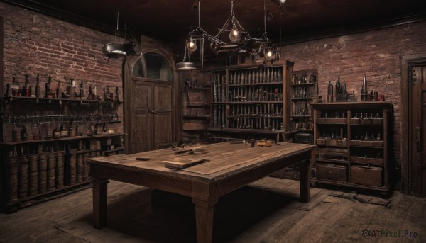 indoors,cup,book,no humans,chair,table,bottle,scenery,alcohol,drinking glass,wooden floor,door,bookshelf,light,lamp,candle,wine glass,stool,wine,shelf,wine bottle,bar (place),counter,ceiling light,cabinet,chandelier,crate,window,fantasy,wall,brick wall,barrel,fireplace