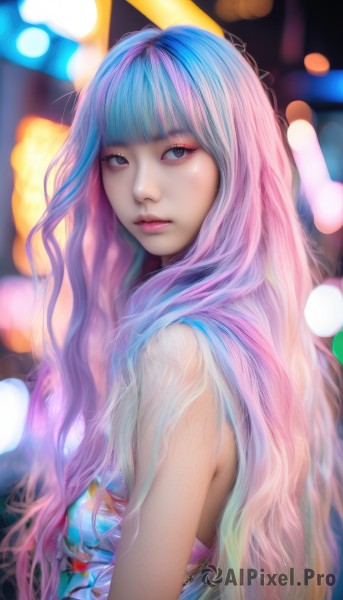 1girl,solo,long hair,looking at viewer,bangs,blue eyes,dress,bare shoulders,closed mouth,blue hair,upper body,pink hair,purple hair,multicolored hair,sleeveless,blunt bangs,blurry,two-tone hair,lips,see-through,looking to the side,gradient hair,makeup,blurry background,watermark,wavy hair,web address,realistic,nose,underwear,artist name,bra,from side,grey eyes,eyelashes,depth of field,eyeshadow,pink lips,bokeh,mascara