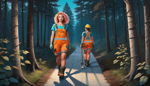 short hair,multiple girls,brown hair,shirt,gloves,hat,2girls,brown eyes,pink hair,short sleeves,boots,outdoors,shorts,artist name,signature,from behind,orange hair,tree,lips,night,shadow,leaf,helmet,blue shirt,plant,t-shirt,nature,forest,walking,curly hair,realistic,overalls,shovel,path,afro,overall shorts,1girl,long hair,smile,1boy,flower,red hair,fingerless gloves,bag,backpack,suspenders,grass,straw hat