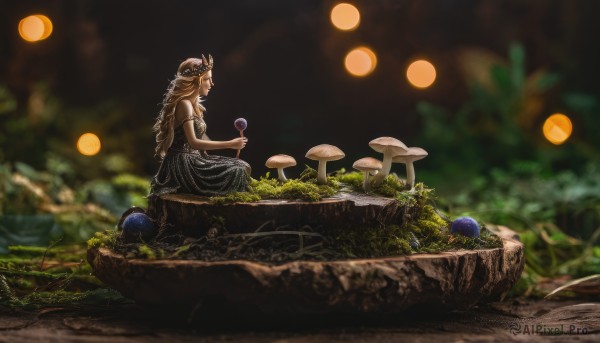 1girl,solo,long hair,skirt,blonde hair,hair ornament,dress,holding,bare shoulders,jewelry,sitting,braid,flower,outdoors,sleeveless,water,blurry,black dress,from side,tree,depth of field,blurry background,grass,plant,nature,scenery,rock,mushroom,orb,breasts,brown hair,hat,closed eyes,short sleeves,single braid,profile,forest,wide shot,moss