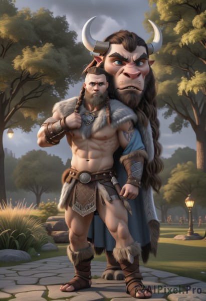 solo,long hair,looking at viewer,blue eyes,brown hair,1boy,navel,jewelry,nipples,standing,full body,braid,male focus,thighs,outdoors,multiple boys,horns,pointy ears,necklace,stomach,cape,twin braids,tree,tattoo,muscular,facial hair,fangs,thick thighs,abs,sandals,thick eyebrows,pectorals,muscular male,bara,pelvic curtain,beard,large pectorals,bulge,topless male,skull,mature male,mustache,cow horns,bracer,furry male,bare pectorals,lamppost,chest hair,loincloth,navel hair,bodypaint,tusks,nose piercing,cow boy,tooth necklace,animal skull,minotaur,short hair,animal ears,boots,realistic,chinese zodiac,giant,monster boy,year of the ox,orc