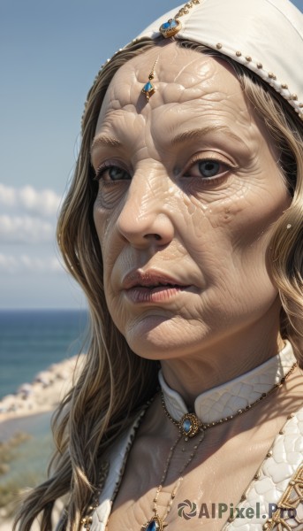 1girl,solo,long hair,breasts,looking at viewer,blue eyes,brown hair,cleavage,jewelry,outdoors,parted lips,sky,teeth,choker,day,cloud,water,necklace,blurry,black eyes,blue sky,lips,wet,blurry background,ocean,beach,gem,portrait,close-up,realistic,dress,closed mouth